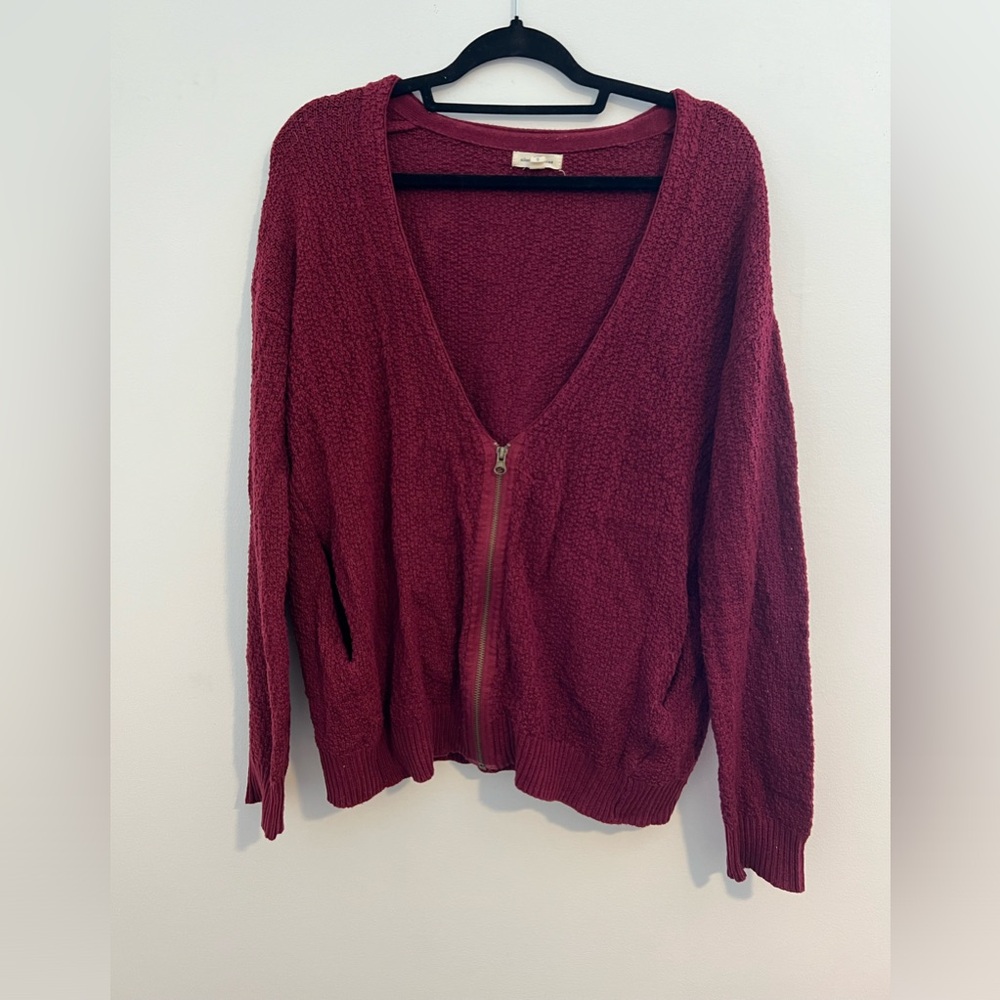 Silence + Noise Maroon Red Zip Up Long Sleeve Knit V-neck Sweater Pockets Small